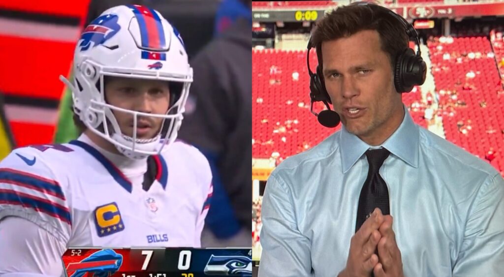 Josh Allen looks on during a game and Tom Brady commentating.