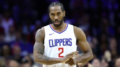 Kawhi Leonard of the LA Clippers reacts during the fourth quarter against the Philadelphia 76ers at the Wells Fargo Center