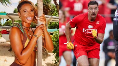 Kayla Nicole posing in bikini and Travis Kelce running on field