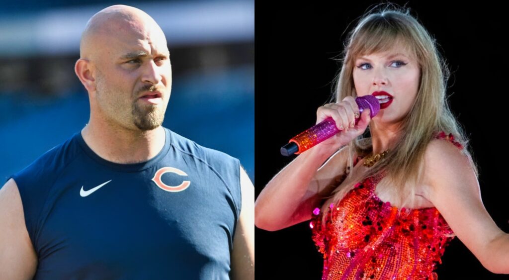 Kyle Long in Bears gear and Taylor Swift on stage