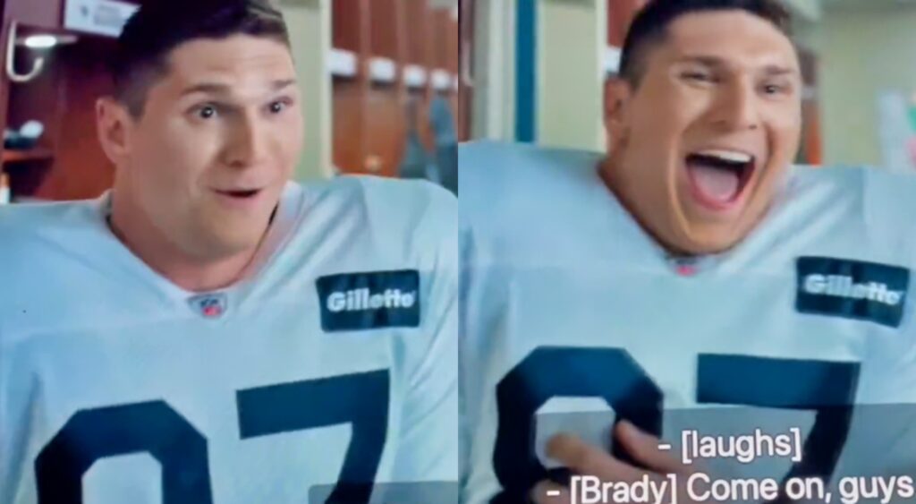 Laith Wallschleger portraying Rob Gronkowski on American Sports Story: Aaron Hernandez