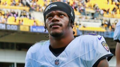 Lamar Jackson of the Baltimore Ravens walks off the field after his team's 17-10 loss against the Pittsburgh Steelers