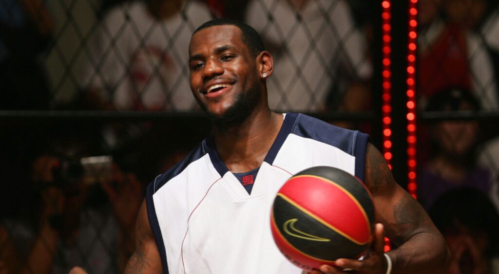 LeBron James poses with Nike's souvenir