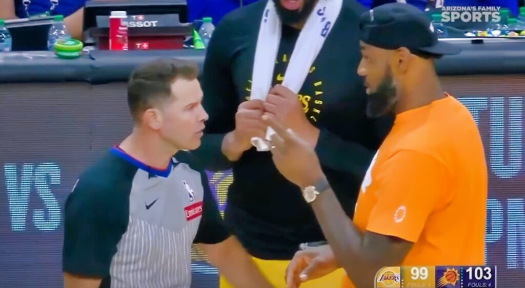 LeBrob James lecturing a referee during a game.