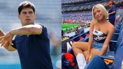 Mason Rudolph throwing football and Amanda Vance posing in stands