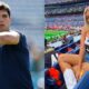 Mason Rudolph throwing football and Amanda Vance posing in stands