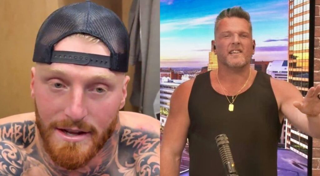 Maxx Crosby during locker room interview and Pat McAfee on his show.