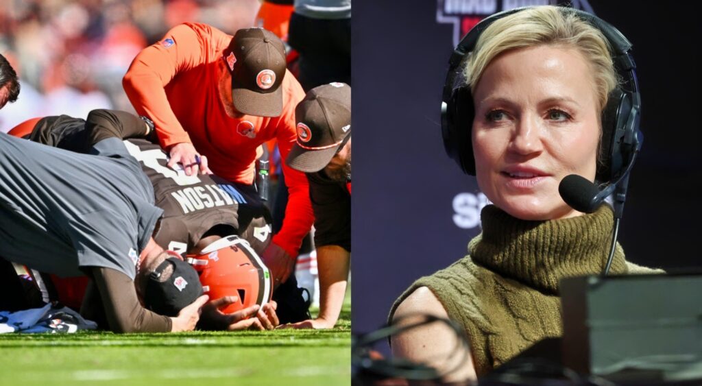 Michelle Beadle with headset on and Deshaun Watson on ground surrounded by medical staff