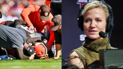 Michelle Beadle with headset on and Deshaun Watson on ground surrounded by medical staff