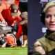 Michelle Beadle with headset on and Deshaun Watson on ground surrounded by medical staff