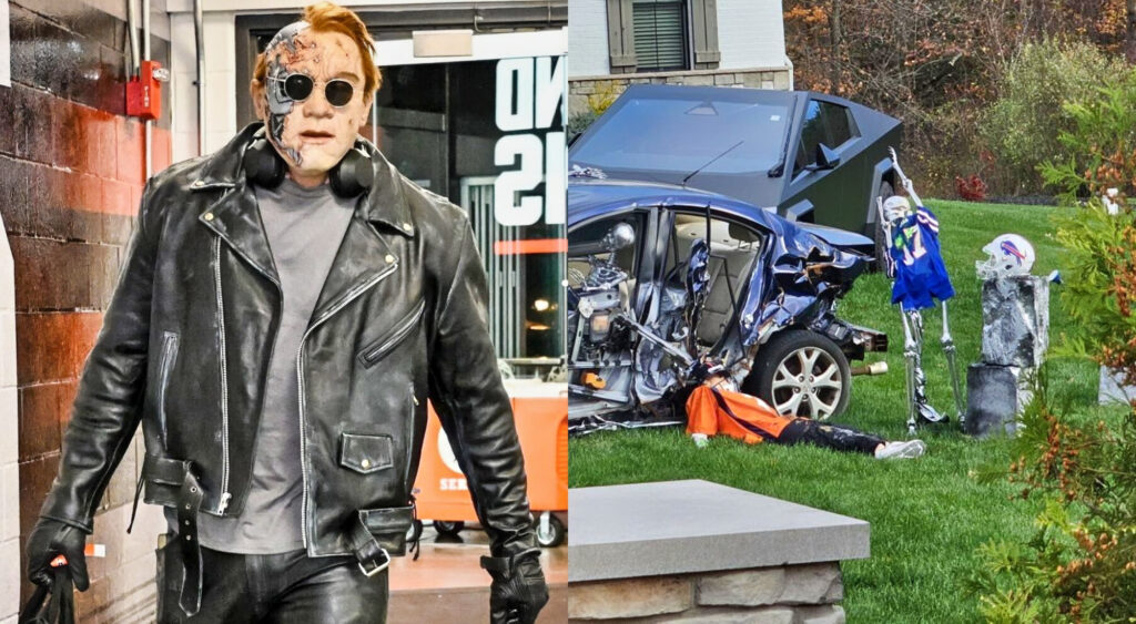 Photo of Myles Garrett in Terminator costume and photo of Myles' Garrett' front lawn