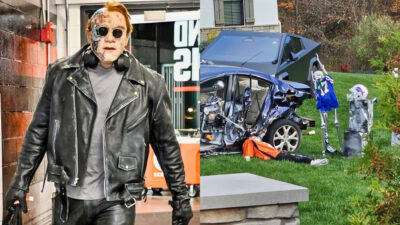 Photo of Myles Garrett in Terminator costume and photo of Myles' Garrett' front lawn