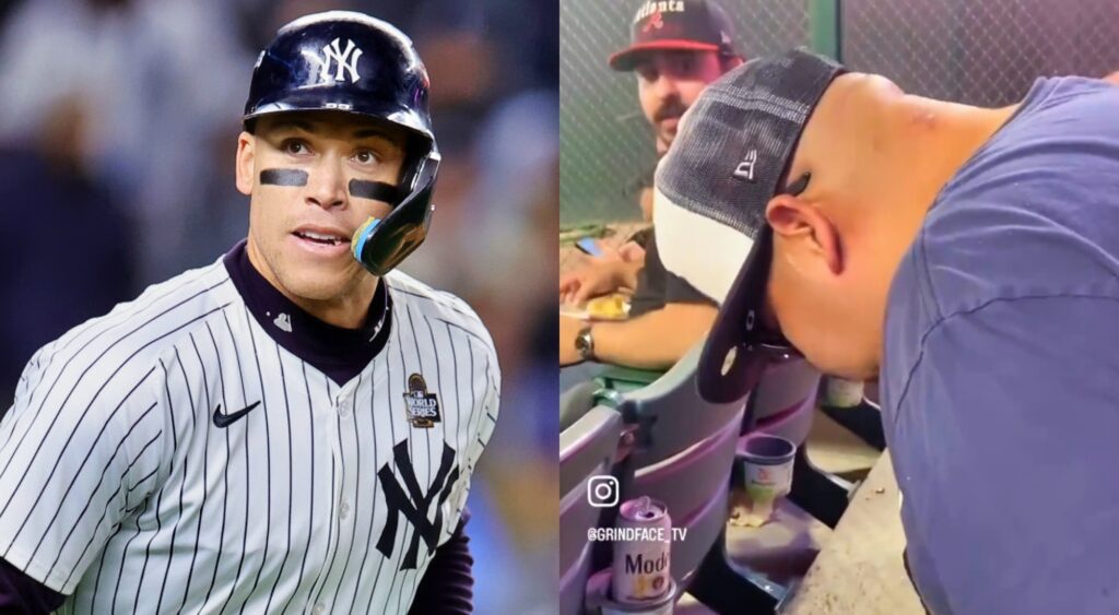 New York Yankees fan in stands and Aaron Judge on field