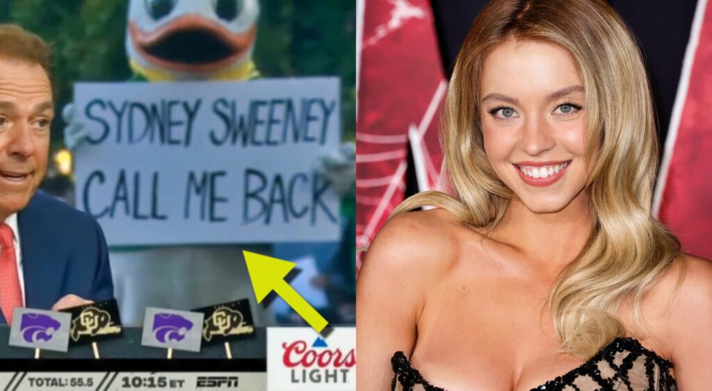 Oregon Ducks mascot holding a sign and Sydney Sweeney posing for the camera.