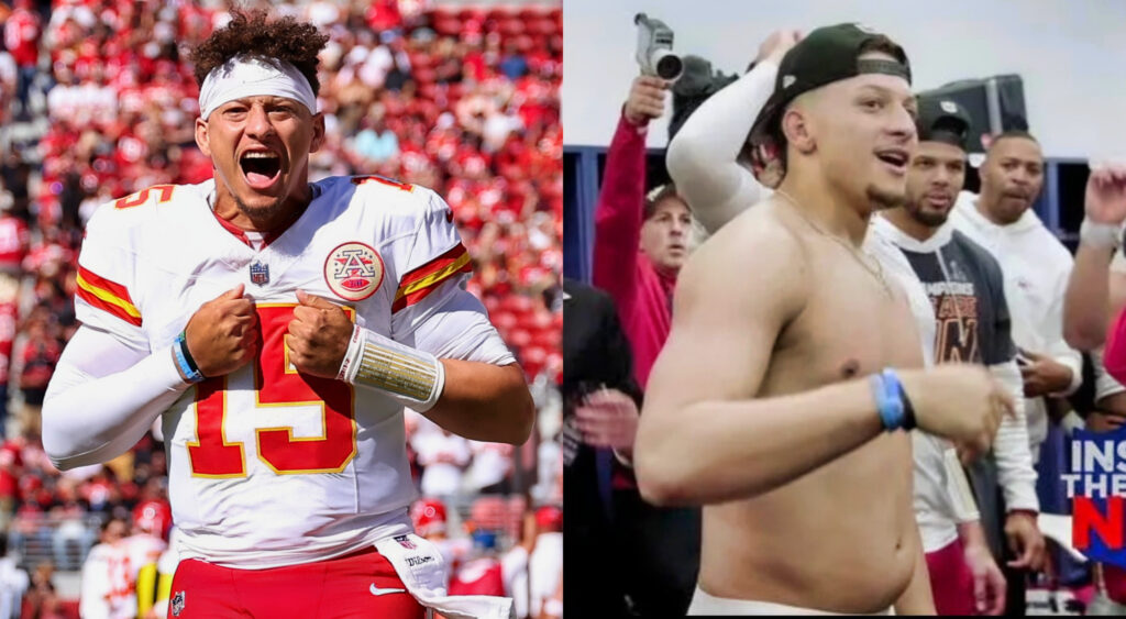 Patrick Mahomes in Chiefs gear (left), Patrick Mahomes withouth a shirt on (right)