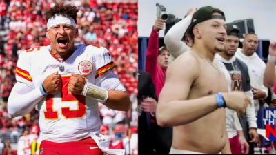 Patrick Mahomes in Chiefs gear (left), Patrick Mahomes withouth a shirt on (right)