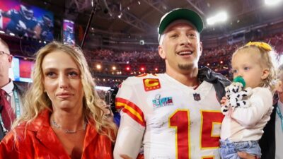 Patrick Mahomes of the Kansas City Chiefs celebrates with his wife Brittany Mahomes and daughter Sterling Skye Mahomes after the Kansas City Chiefs beat the Philadelphia Eagles in Super Bowl LVII