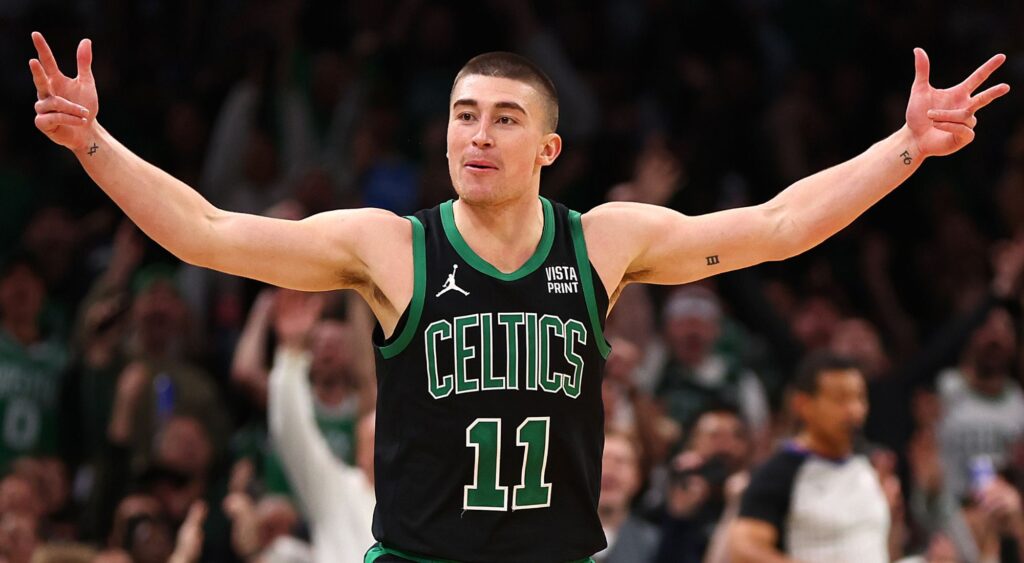 Payton Pritchard of the Boston Celtics celebrates after hitting a three point shot against the Philadelphia 76ers