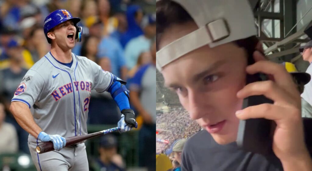 Pete Alonso holding bat and screaming and fan in the stands