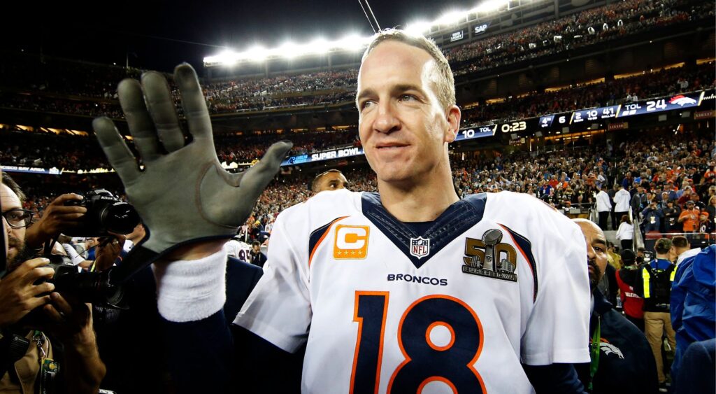 Peyton Manning celebrates after defeating Carolina Panthers