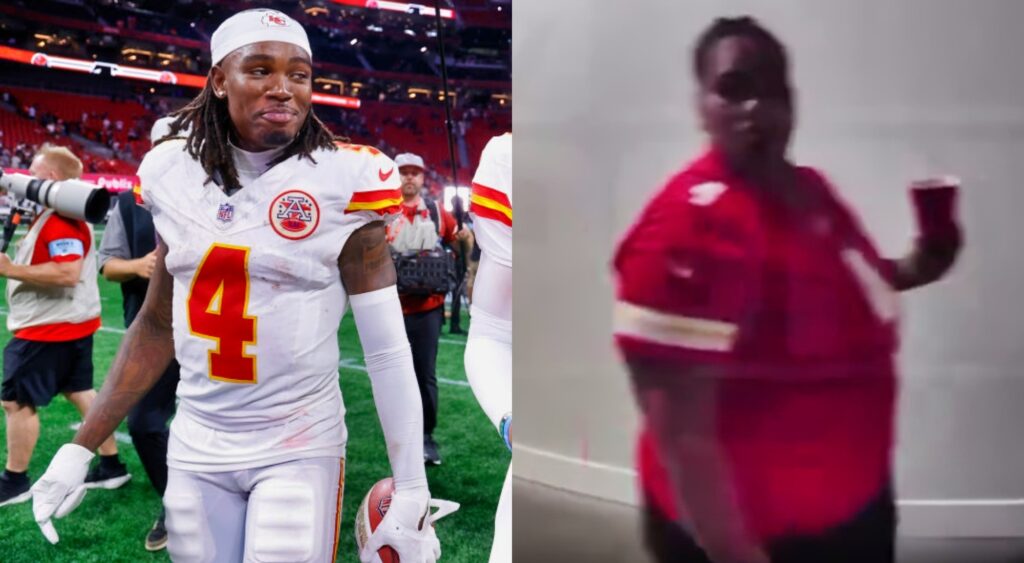 Rashee Rice in uniform and his mom in Chiefs jersey