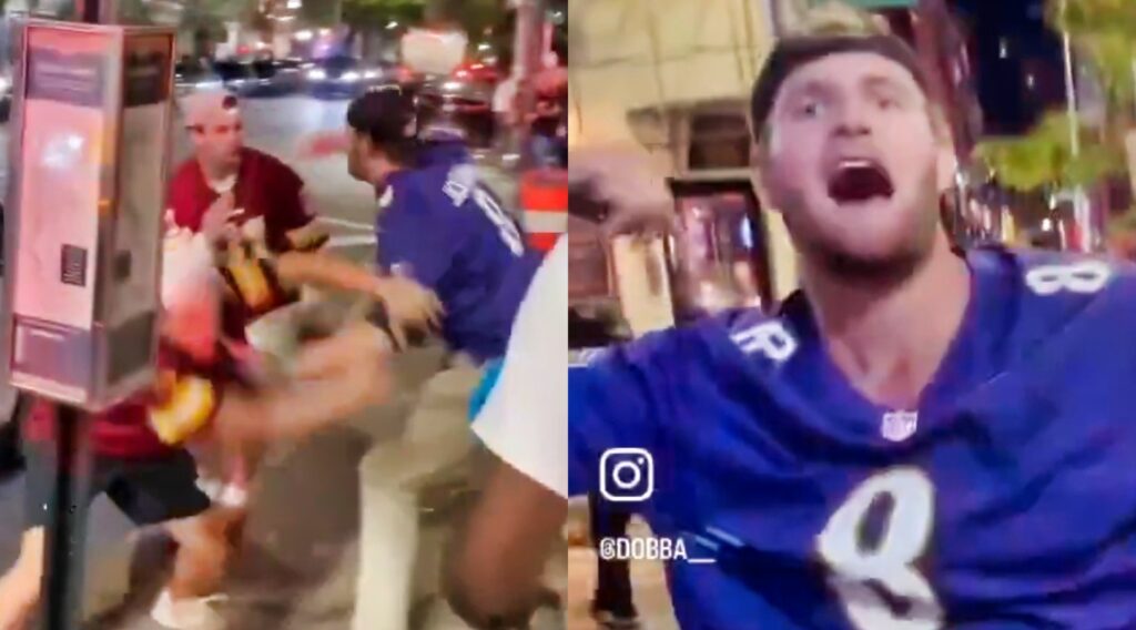 Baltimore Ravens fan assaulting two Commanders fans.