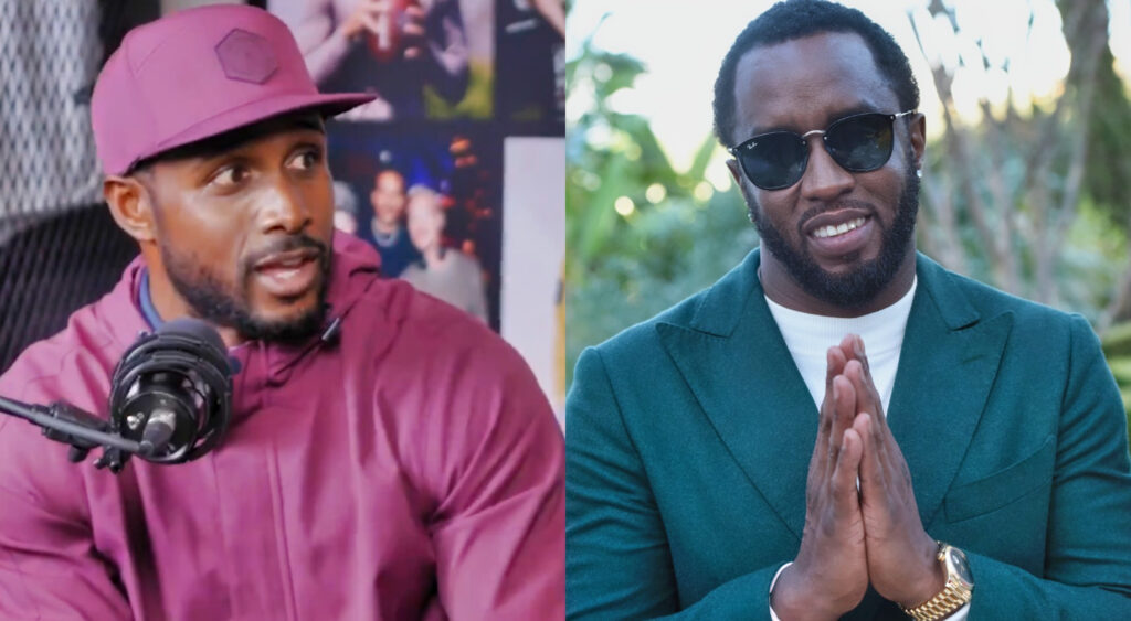 Photo of Reggie Bush speaking into mic and photo of Diddy making a praying gesture