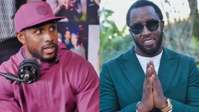 Photo of Reggie Bush speaking into mic and photo of Diddy making a praying gesture