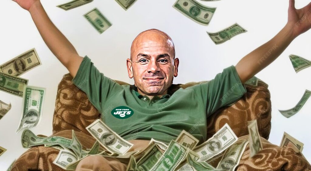 Robert Saleh sitting on a couch throwing money