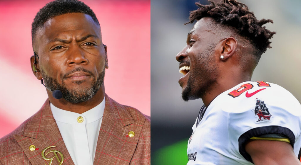 Ryan Clark wearing suit (left), Antonio Brown in Buccaneers uniform (right)