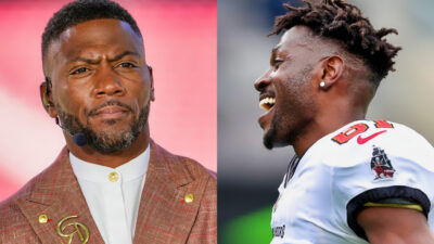 Ryan Clark wearing suit (left), Antonio Brown in Buccaneers uniform (right)