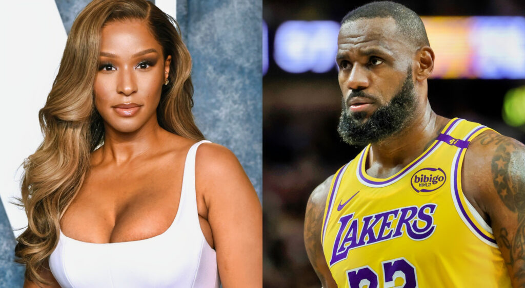 Photo of Savannah James in white dress and photo od LeBron James in Lakers jersey