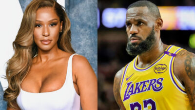 Photo of Savannah James in white dress and photo od LeBron James in Lakers jersey