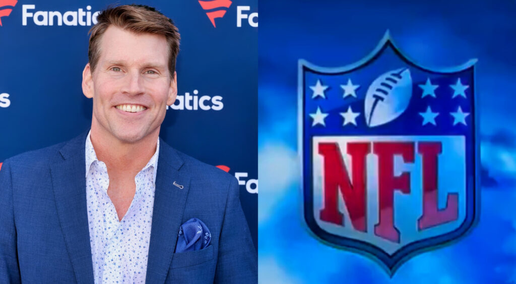 Photo of Scott Hanson smiling and photo of NFL logo