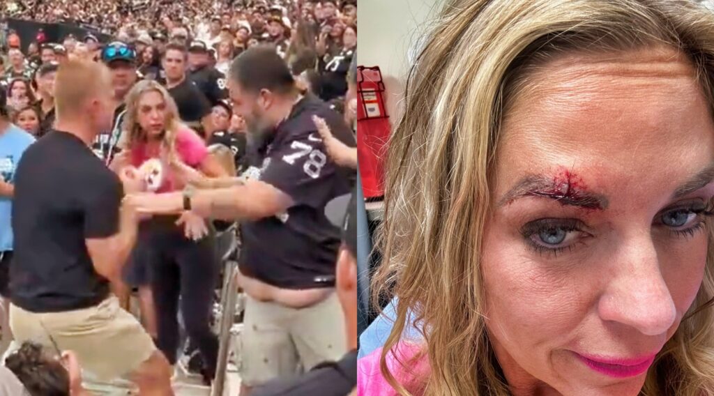 Raiders and Steelers fan fight and female Steelers fan with a cut on her eye.