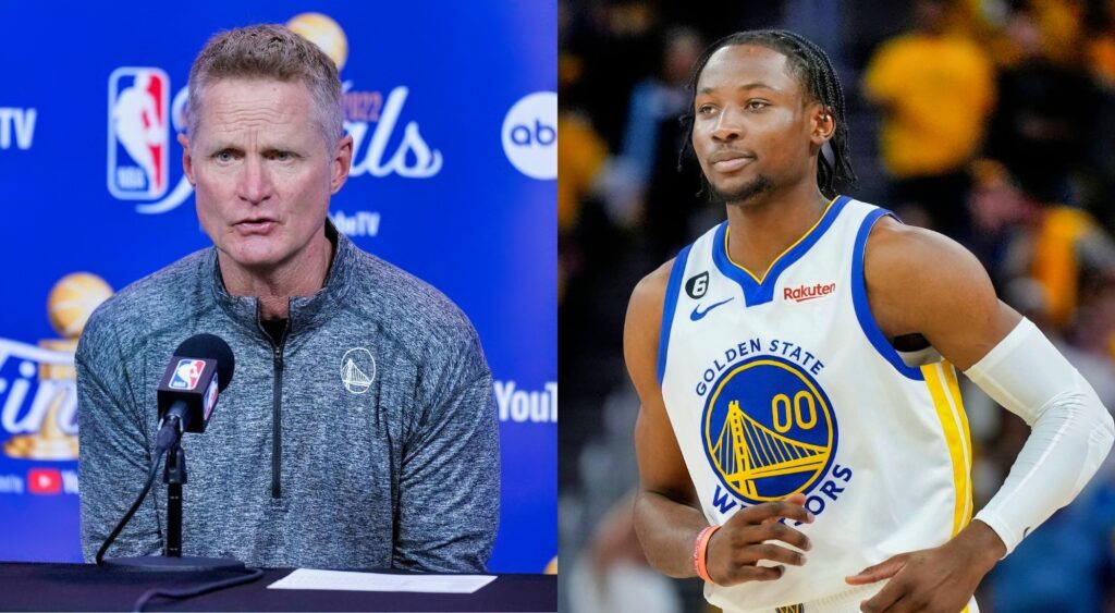 Steve Kerr on a meeting with media, and Jonathan Kuminga of the Golden State Warriors looks on during an NBA match