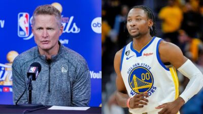 Steve Kerr on a meeting with media, and Jonathan Kuminga of the Golden State Warriors looks on during an NBA match