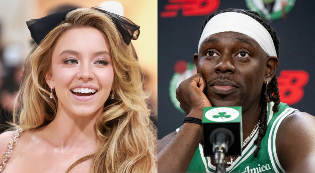 Sydney Sweeney laughing and Jrue Holiday at a press conference.