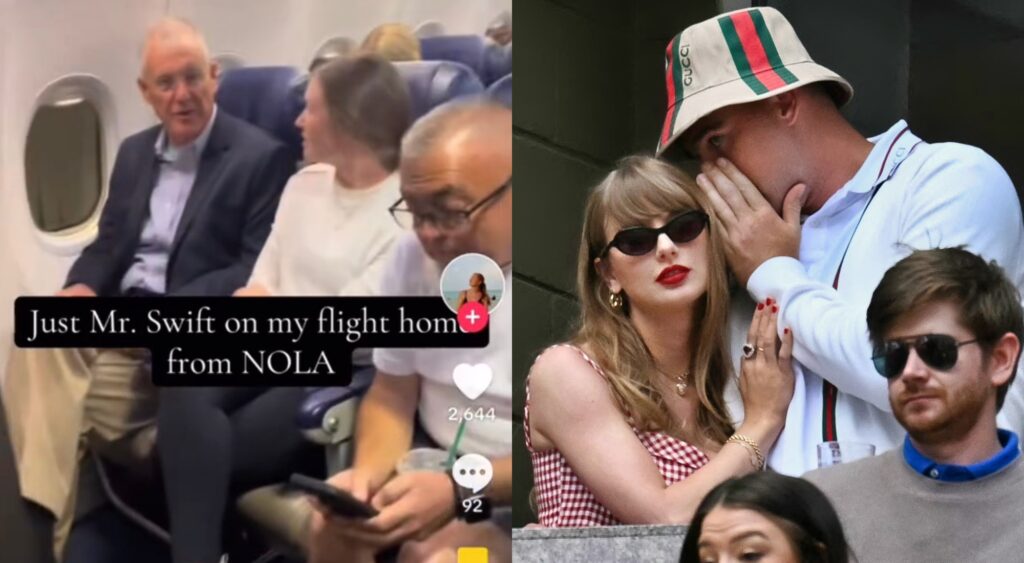 Scott Swift on a plane and Travis Kelce with Taylor Swift at a tennis match.