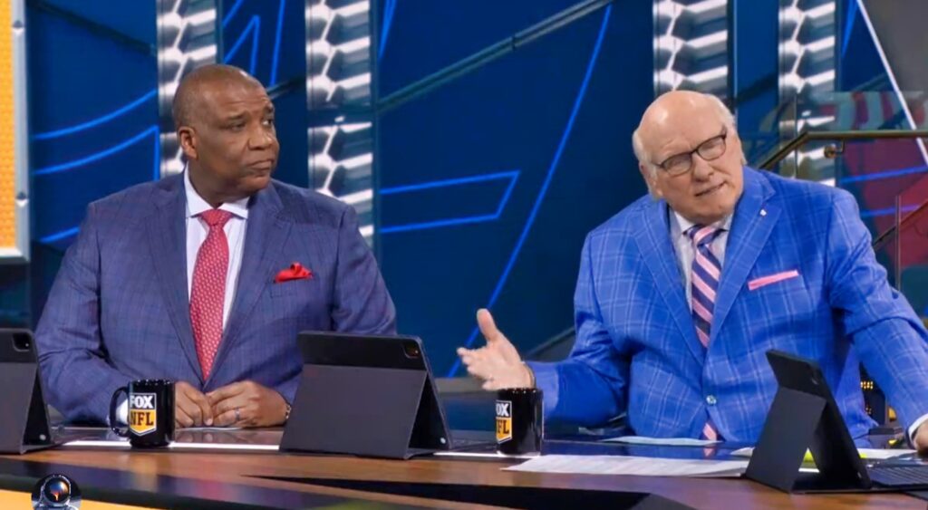 Curt Menefee and Terry Bradshaw during Fox NFL postgame show.