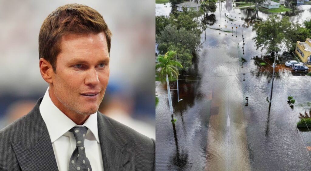 Tom Brady in suit and Hurricane Milton damage