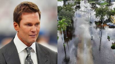 Tom Brady in suit and Hurricane Milton damage