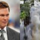 Tom Brady in suit and Hurricane Milton damage