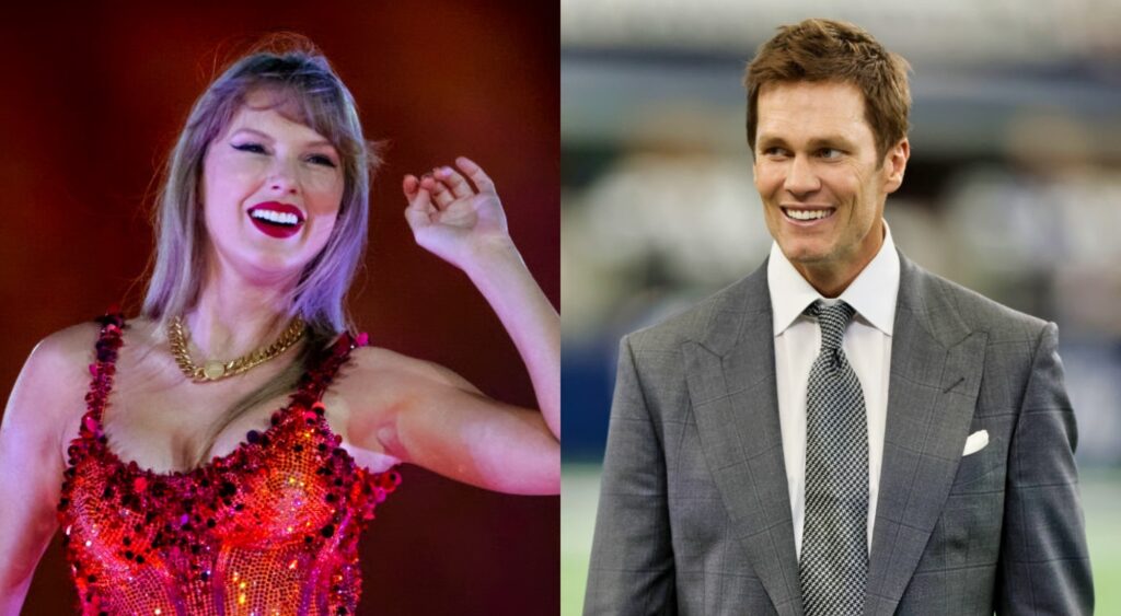 Tom Brady smiling in gray suit and Taylor Swift on stage