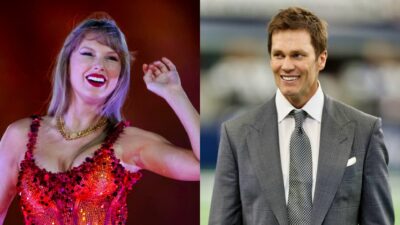 Tom Brady smiling in gray suit and Taylor Swift on stage