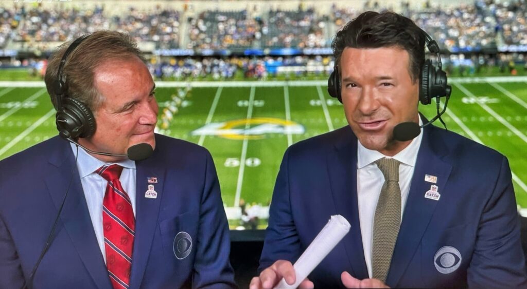 Tony Romo and Jim Nantz in the booth during a game.