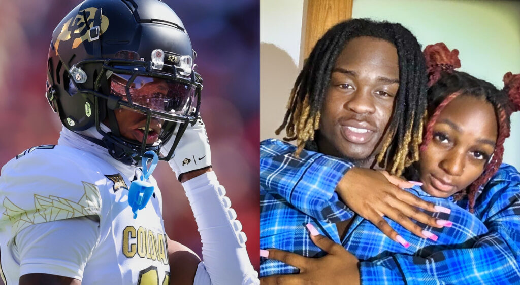 Photo of Travis Hunter in Colorado gear and photo of Ashton Jeanty's girlfriend holding him from behind