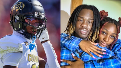 Photo of Travis Hunter in Colorado gear and photo of Ashton Jeanty's girlfriend holding him from behind