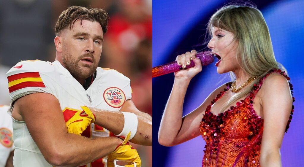 Travis Kelce looks on during a game and Taylor Swift performs at a concert.