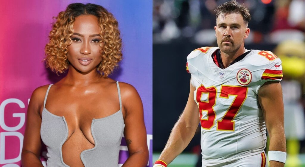 Travis Kelce in uniform and Kayla Nicole posing in dress